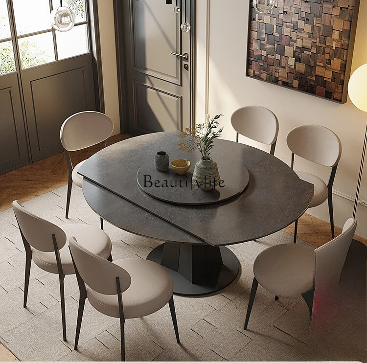 Slate dining table Modern simple small apartment rotating multi-functional retractable round dining table