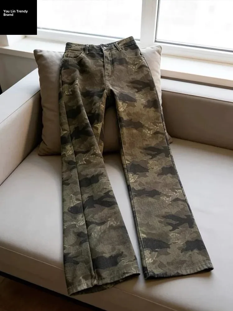 

American Style Retro Camouflage Men's Jeans High Waist Lift Straight Leg Micro Flared Workwear Pants Cleanfit Knife Pants