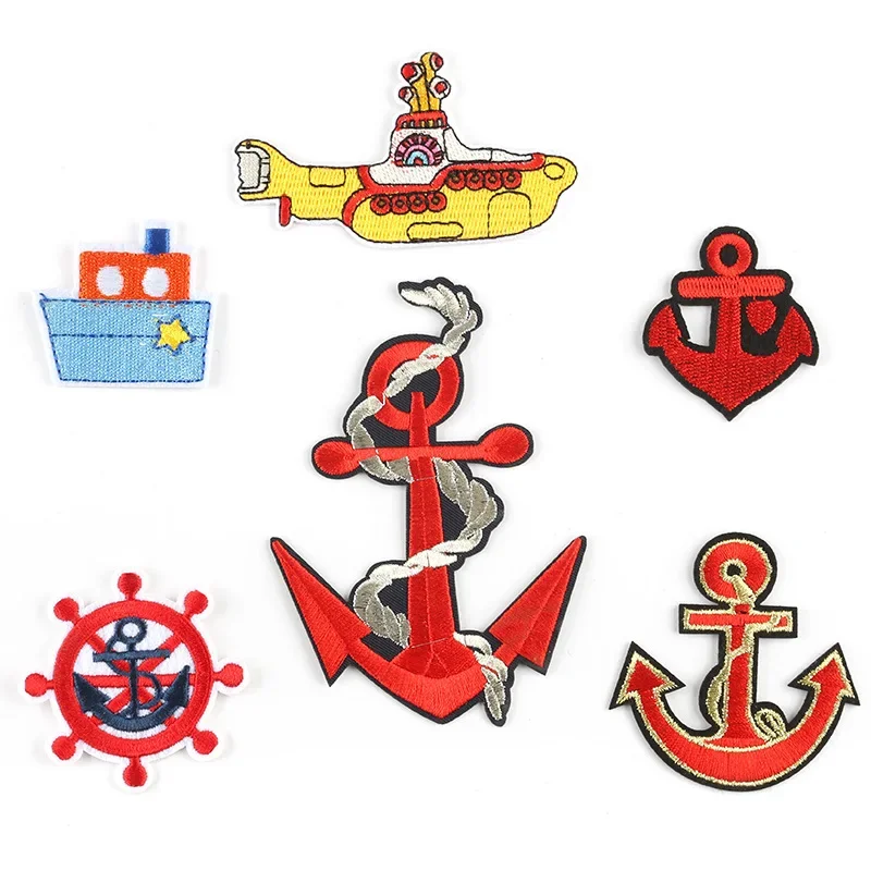 Cartoon Undersea Boat Embroidered Submarine Patches Iron on For Clothing Steering Wheel Ship's Anchor Appliques Badges Parches