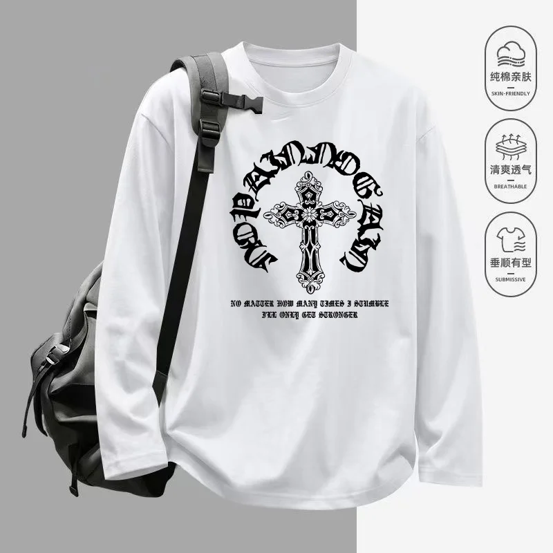 Herren Gothic Kreuzmuster Bedrucktes Langarm-T-Shirt aus 100% Baumwolle (230g) mit Rundhalsausschnitt, Lässiger Streetwear-Hoodie – Detail 4