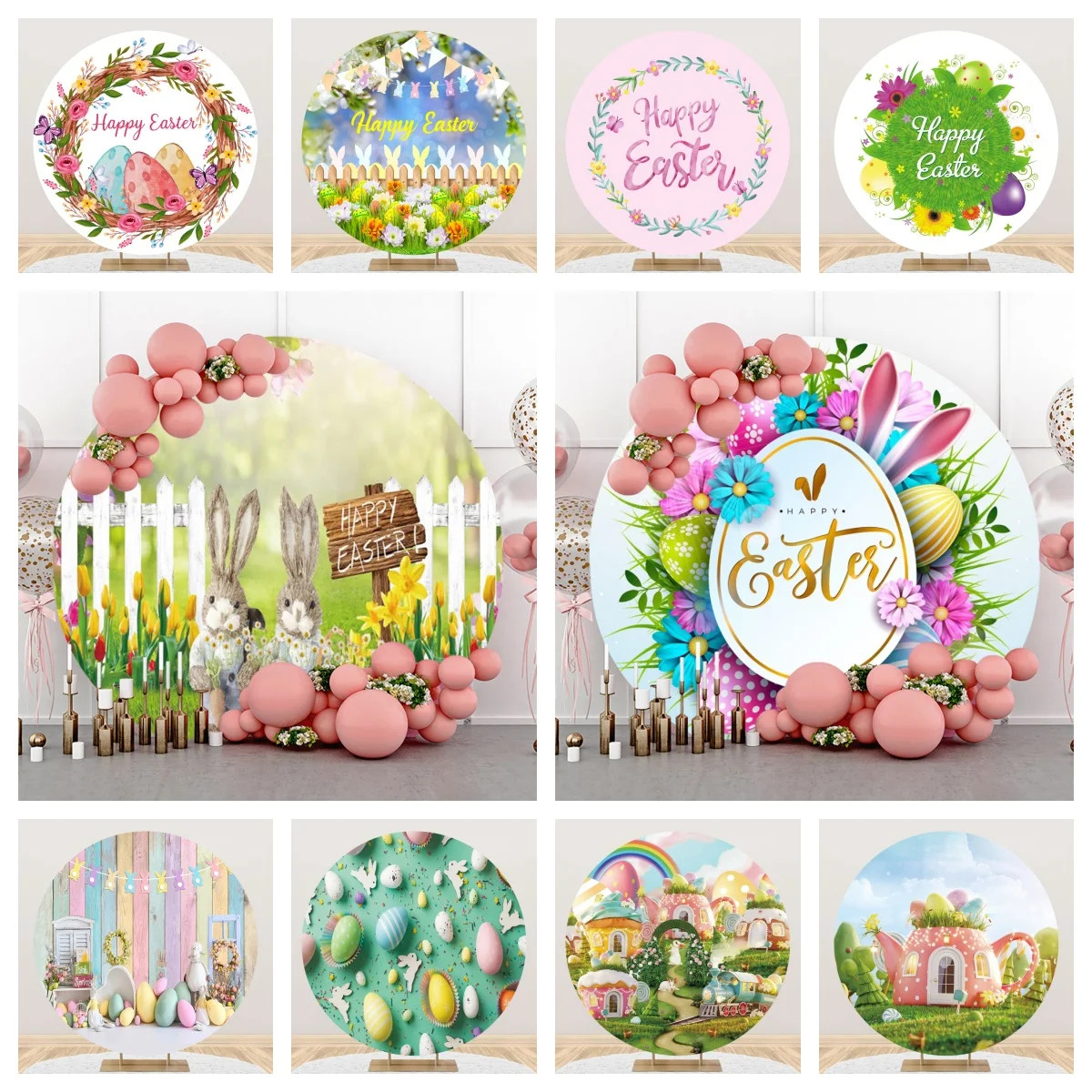 Happy Easter Round Backdrop Cover Spring Wood Board Green Grass Rabbit Bunny Eggs Baby Shower Kids Birthday Decor Background