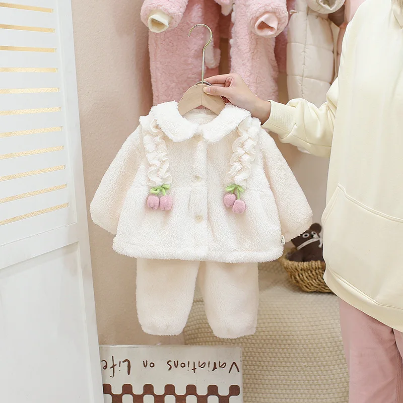 Kids Girls Beige Flannel Sleep Suits Cute Floral Pendant Turn Down Collar One Breasted Warm Coat+Elastic Waist Solid Pants 2pcs