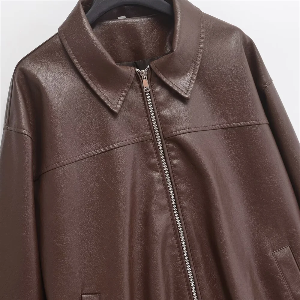 2024 Winter New Women's Clothing Style Commuting Simple Collar Long Sleeve Imitation Leather Pilot Jacket