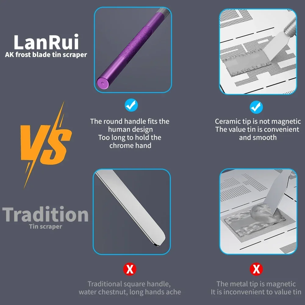Lanrui AK Set di raschietti in ceramica con manico non magnetico Strumento di riparazione PCB per la pulizia della saldatura di telefoni cellulari e schede madri