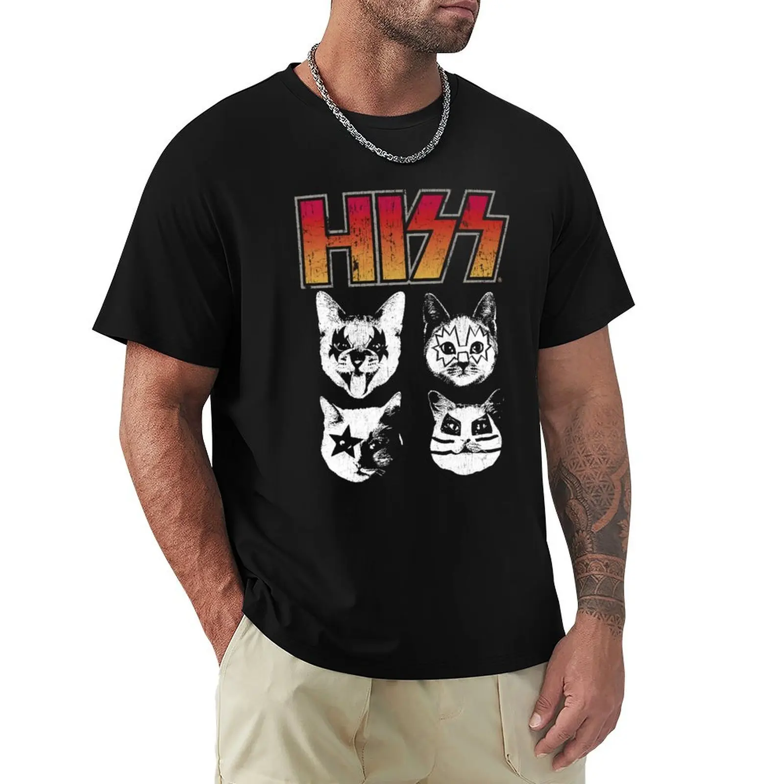 HISS Cat Funny Cats Kittens Rock Music Cat Lover Hiss T-Shirt Plus Size Loose Short Sleeve Top