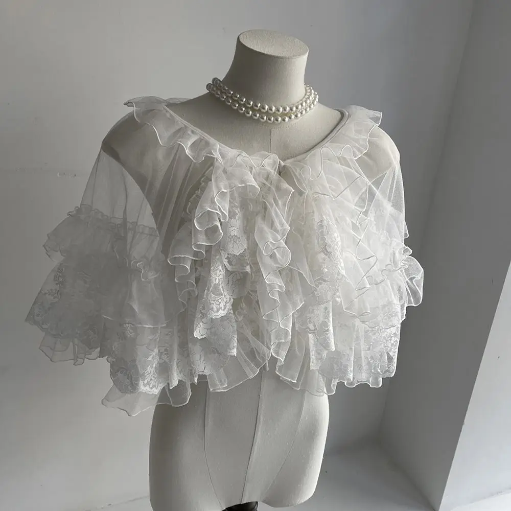Creative White Black Lolita Short Shawl Lace Mesh Ruffles Princess Capes Cardigan Open Front Photo Props Ace Mesh Skirt Women view 2