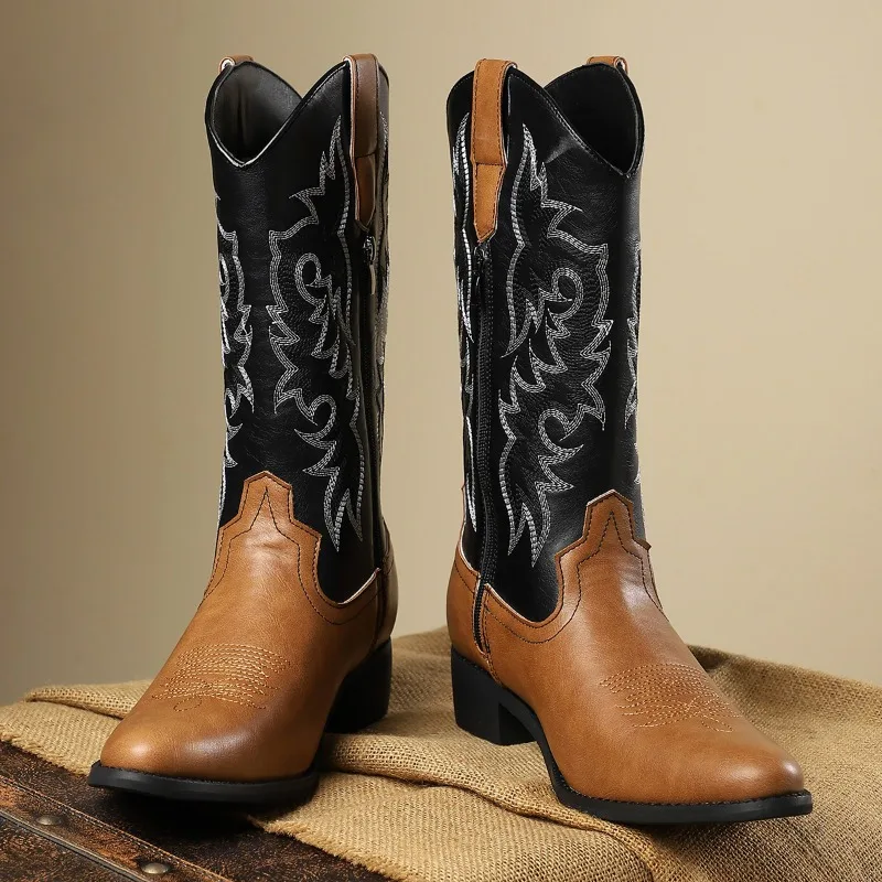 Men Western Cowboy Boots Pointed Toe Mid-calf Boots Retro Embroidery Knight Boots Zipper Leather Boot Handmade Outdoor Men Shoes