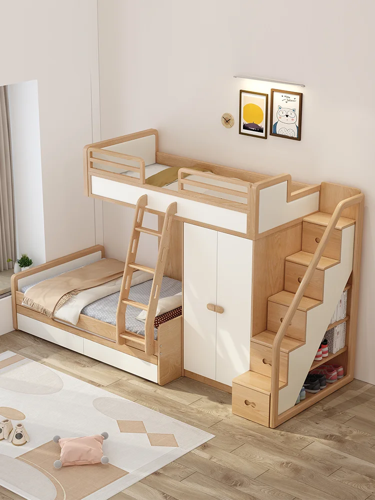 Get on and off the bed children's bed solid wood high-low bed multifunctional mother-child bed with wardrobe