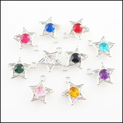 Fashion 30Pcs Mixed Crystal Dull Silver Plated Star Circle Charms Pendants 15x17mm