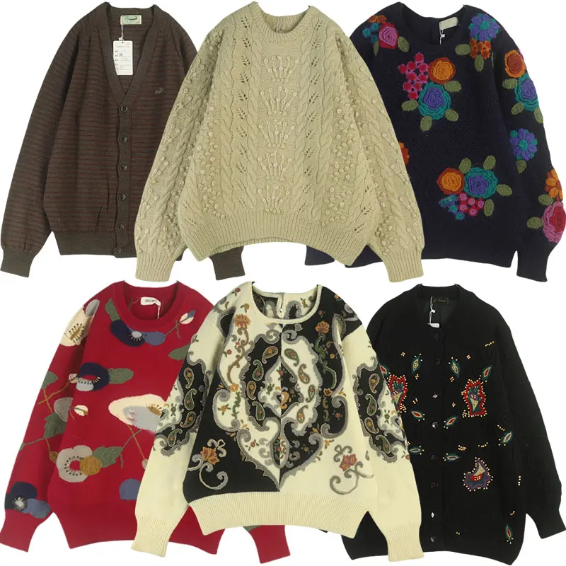 

Винтажный японский свободный вязаный свитер с вышивкой 3D-цветами, милый, с круглым вырезом, из смесовой шерсти, повседневный, женский