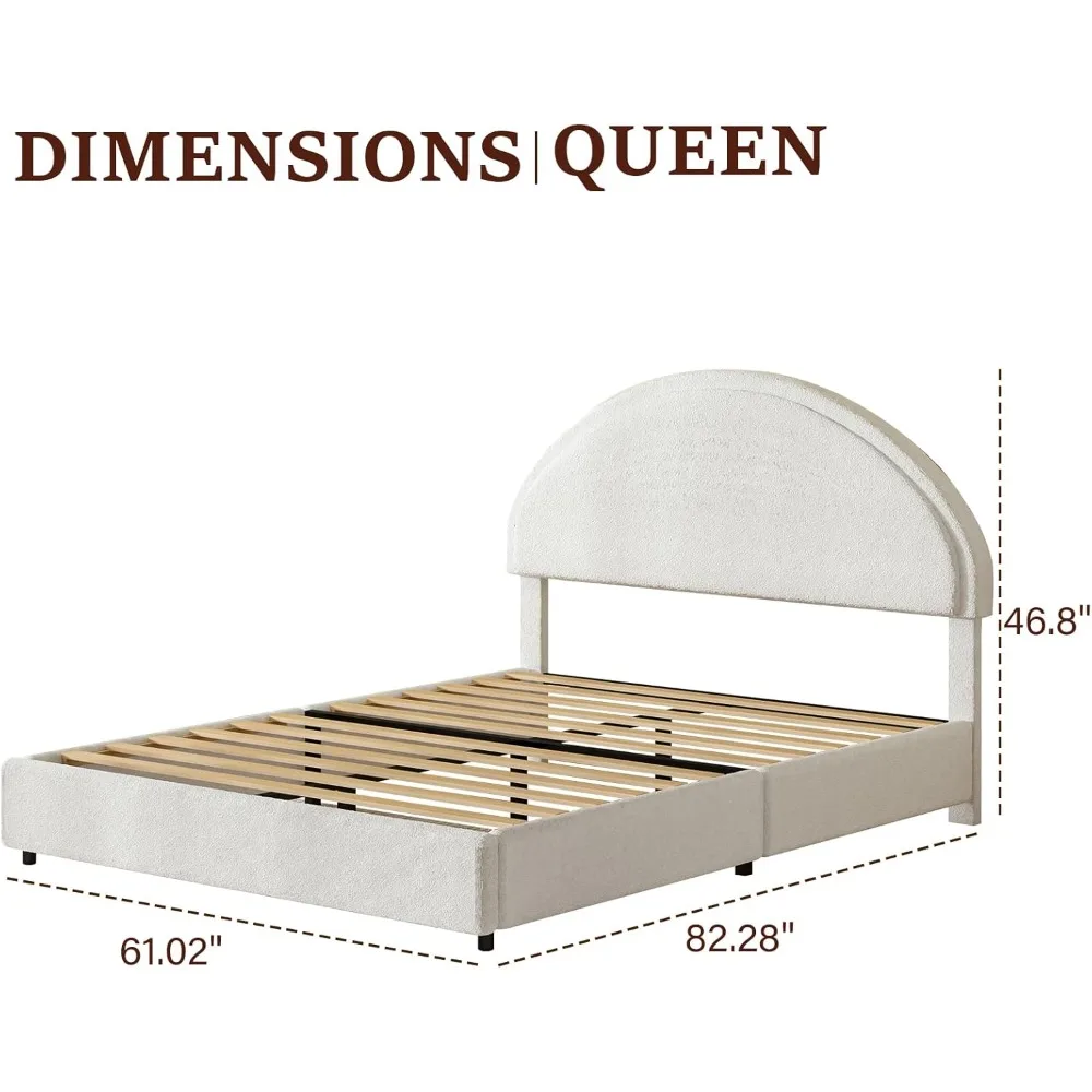 Queen Bed Frame with Round Headboard, Boucle Upholstered Bed Frame, White Boucle Bed Frame, Soft Arch Shaped Modern Style