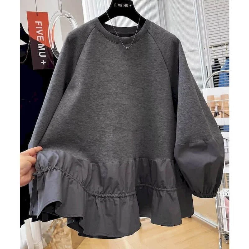 Solid T-shirts for Women O-neck Ruffle-edged Stitched Hem Tees Casual Korean Style Long Sleeved Aesthetic Vintage Clothes Trendy