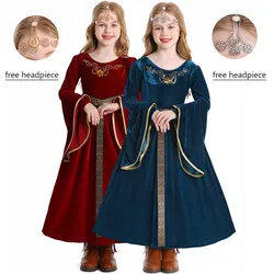 Umorden Child Kids Renaissance Medieval Princess Dress Robe Costume for Girls 4-12T Red Blue With Headpiece 3pcs/set