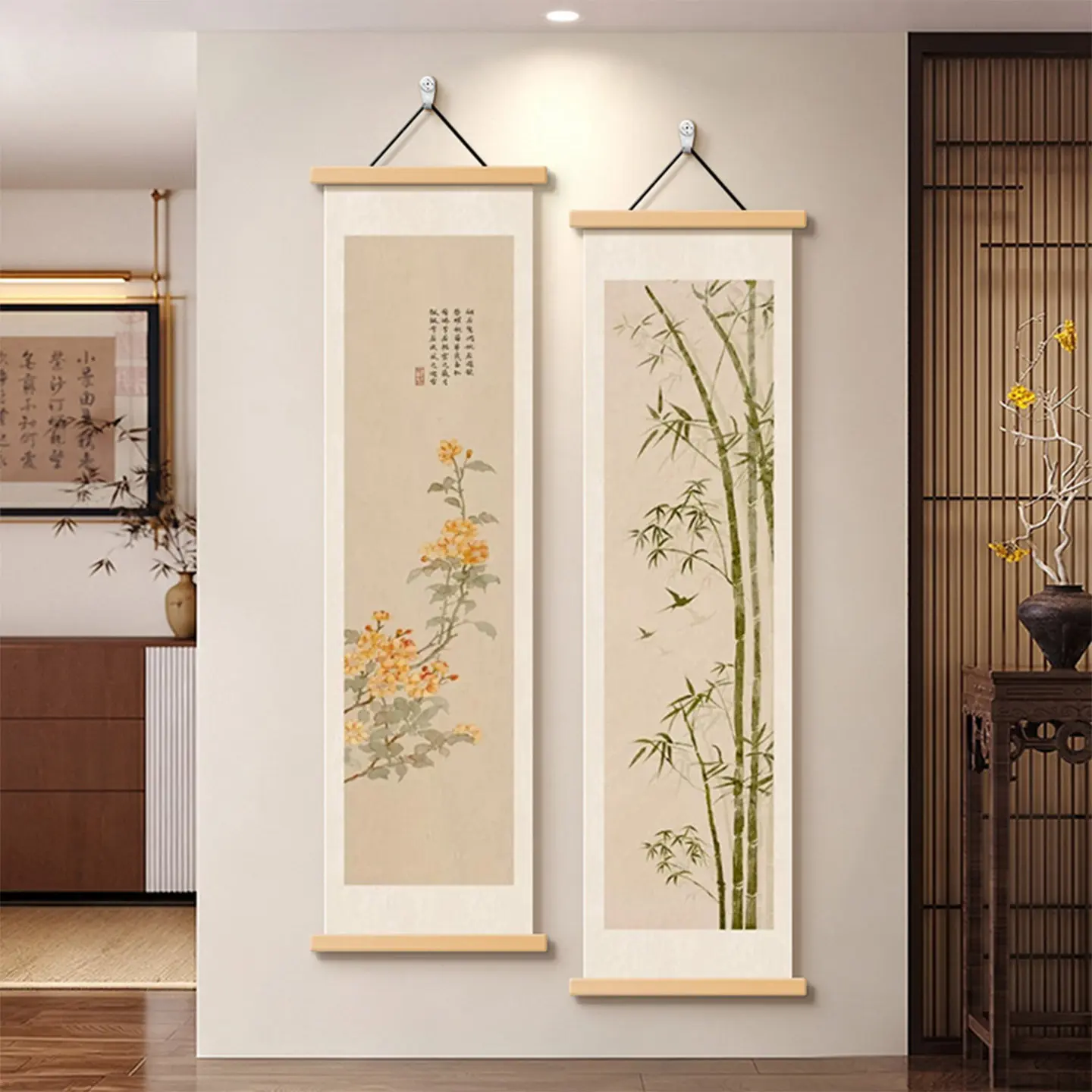Wall Art Spring Bamboo and Blossom Pair Pearlescent Canvas Hanging Scroll with Wooden Rods for Entryway and Tea Room