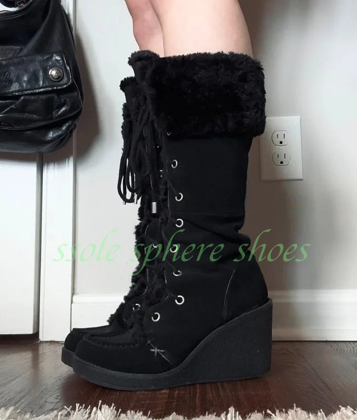 Botas de Mujer de Ante Negro con Peluche, Cálidas, hasta la Rodilla, con Cordones, Plataforma de Ante, Tacón de Cuña, Peluche Negro, Plumas, Cálidas, Vintage, Tallas 34-46