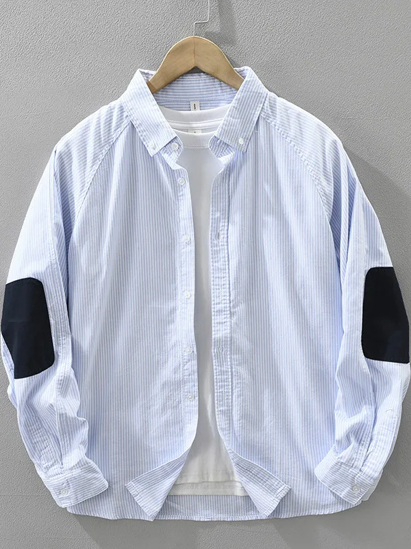 

Color Woven Ox Cloth Long Sve irt Men's Casual Loose Cotton irt Fre Outerwear Autumn New Sle Patchwork Elbow P...