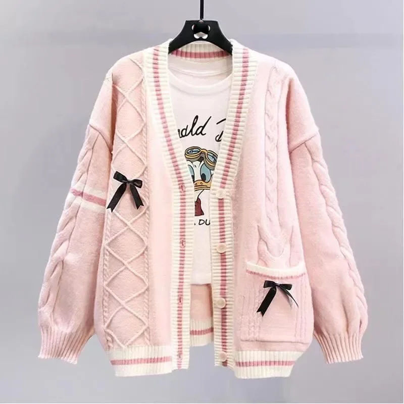 Sweet Bow Sweater Cardigans Women Y2K Aesthetic Contrast Color V-Neck Knitted Cardigan Kawaii Jk Single Breasted Sweaters Coat