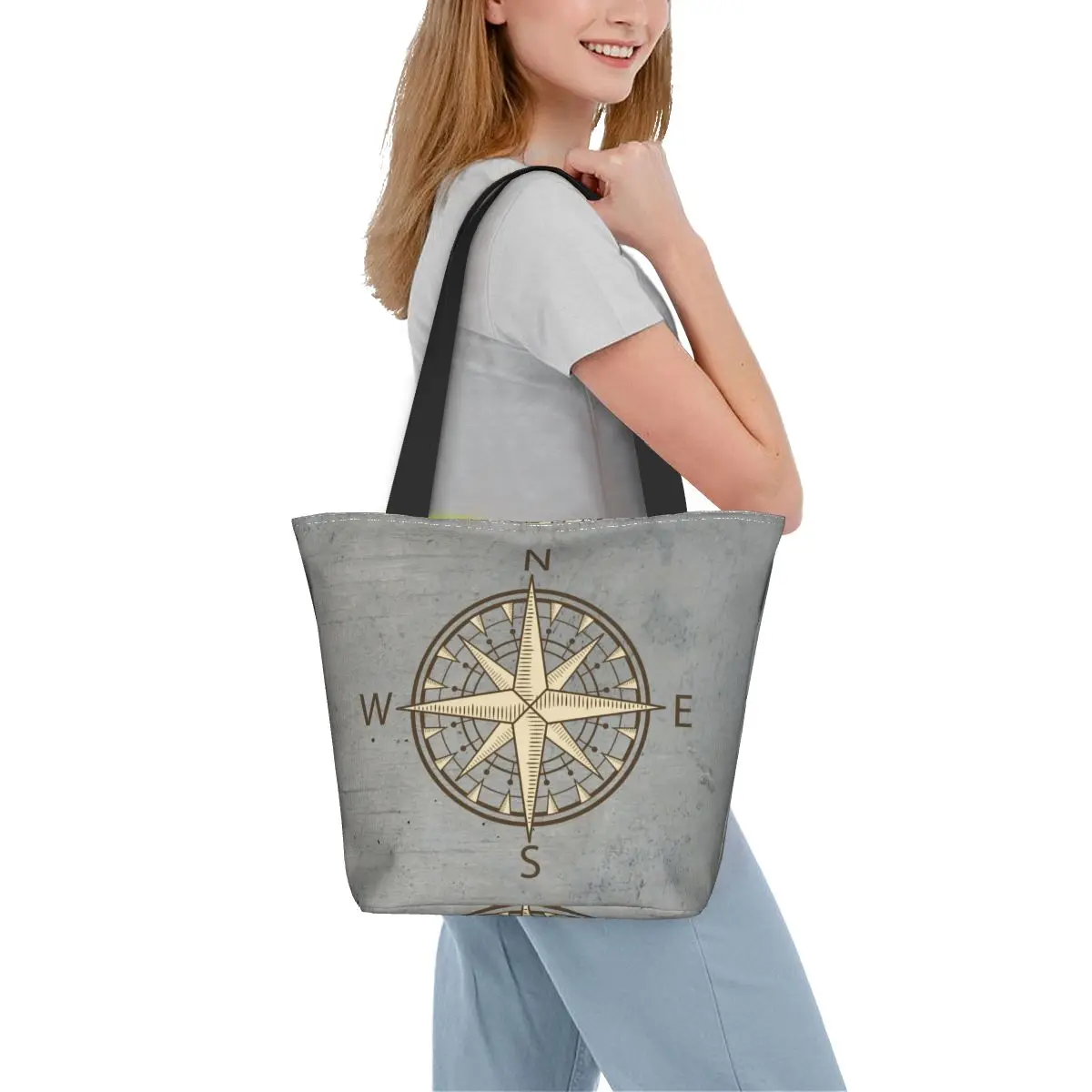 Custom สีเทาเข็มทิศช้อปปิ้งผ้าใบกระเป๋าผู้หญิง Reusable ร้านขายของชํา Nautical Sailing Sailor Shopper Tote กระเป๋า