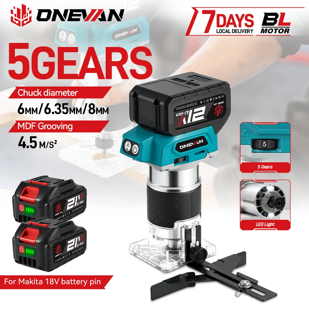 ONEVAN Bürstenloser Elektrotrimmer, 5 Gänge, kabellos, Möbel- und Holzbearbeitungswerkzeug, für Makita 18V Akku