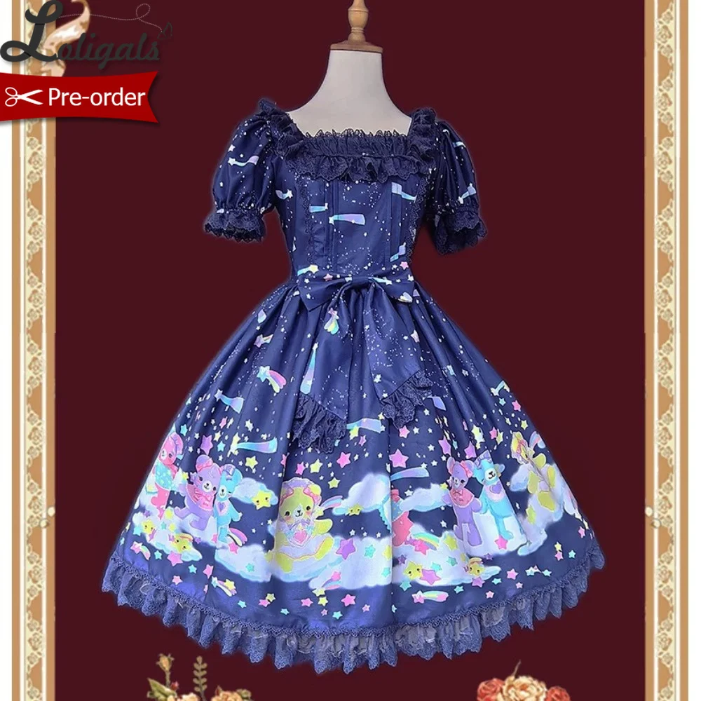 Pre-order Sweet Lolita Dress Retro Printed Chiffon Short Sleeve Midi Party Dress ~ Sleeping Bear by Infanta