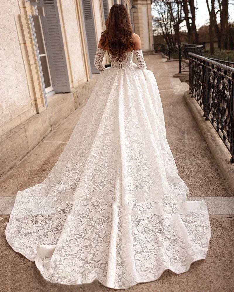 Personalizado luxuoso querida vestido de novia manga longa a linha rendas vestidos de casamento 2025 trem varredura princesa vestido de noiva