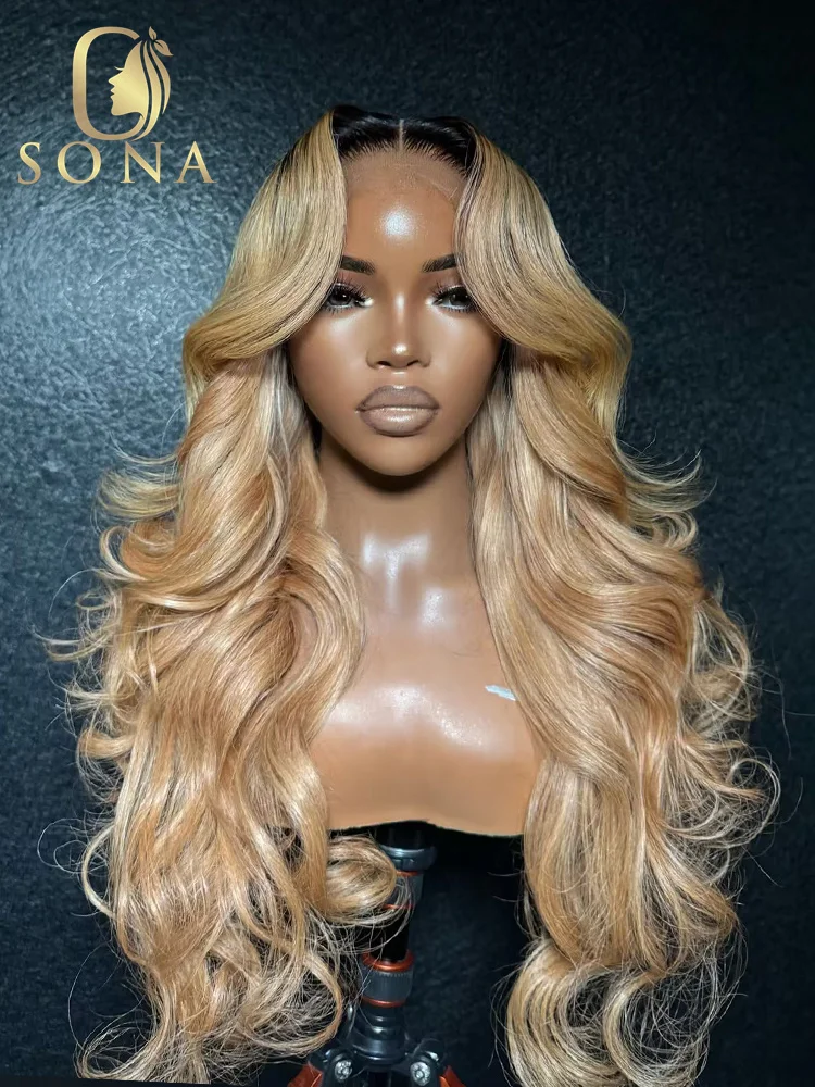 Color Ombre 1B/27 Honey Blonde Colored Body Wave Lace Front Human Hair Wig PrePlucked 13x6 Transparent Lace Frontal Wig ForWomen