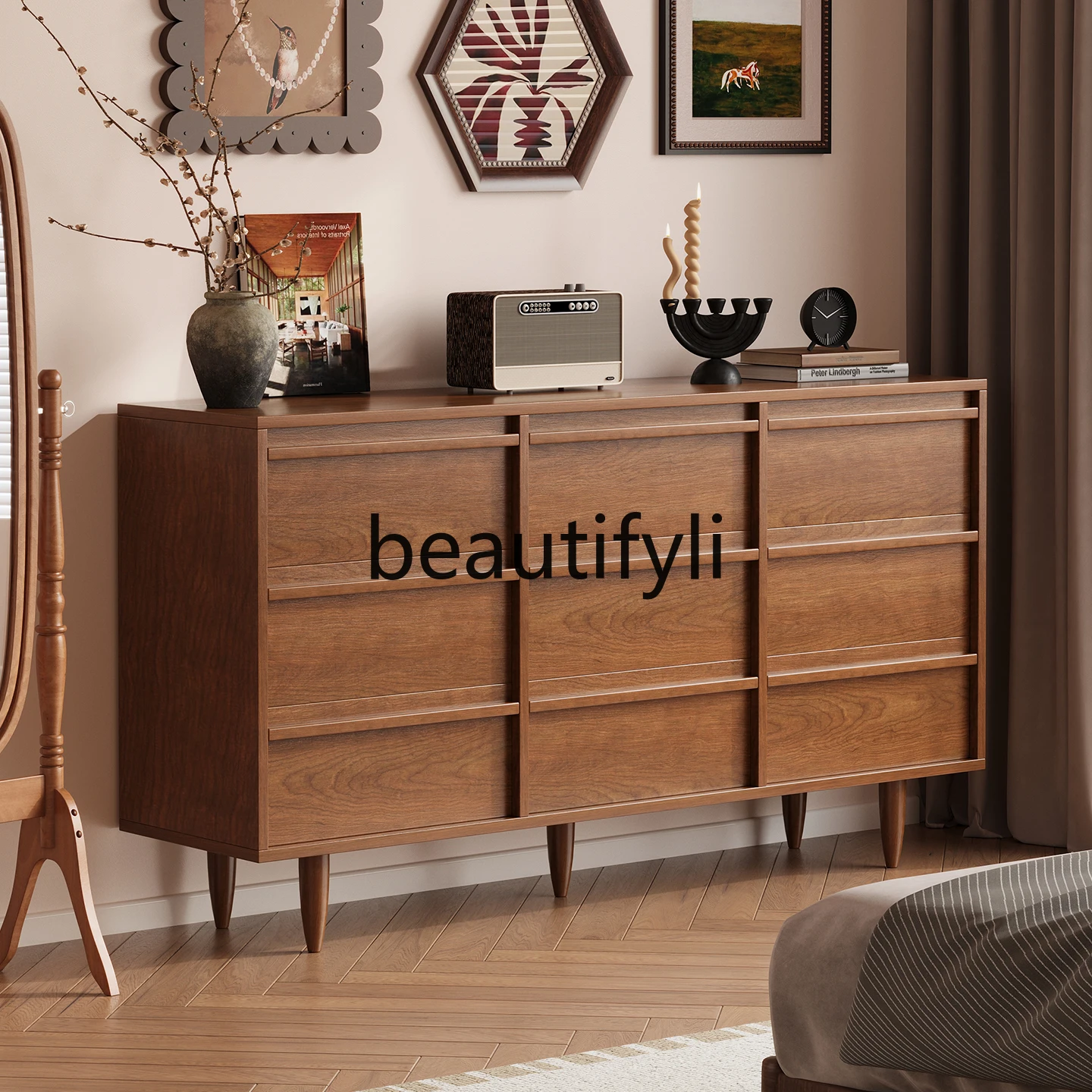Kommode aus massivem Holz im Vintage-Stil, ultradünn, für Schlafzimmer, mehrschichtig, Aufbewahrungsschublade, Schrank, Raum-Organizer