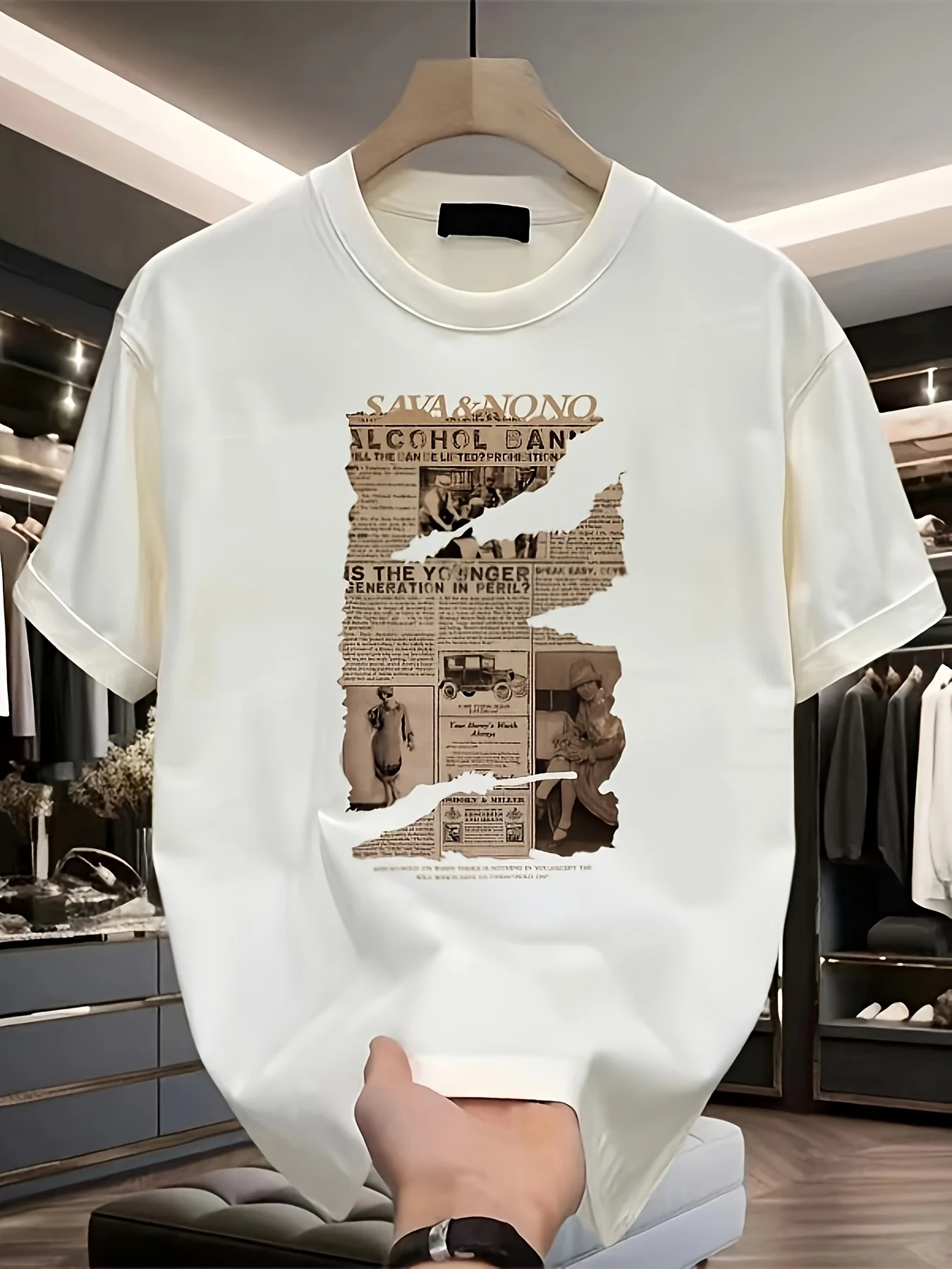 Retro Sepia Newspaper Graphic Tee 100% Cotton Mens T Shirt for Summer Daily Wear Features A Unique Distressed Visual Style