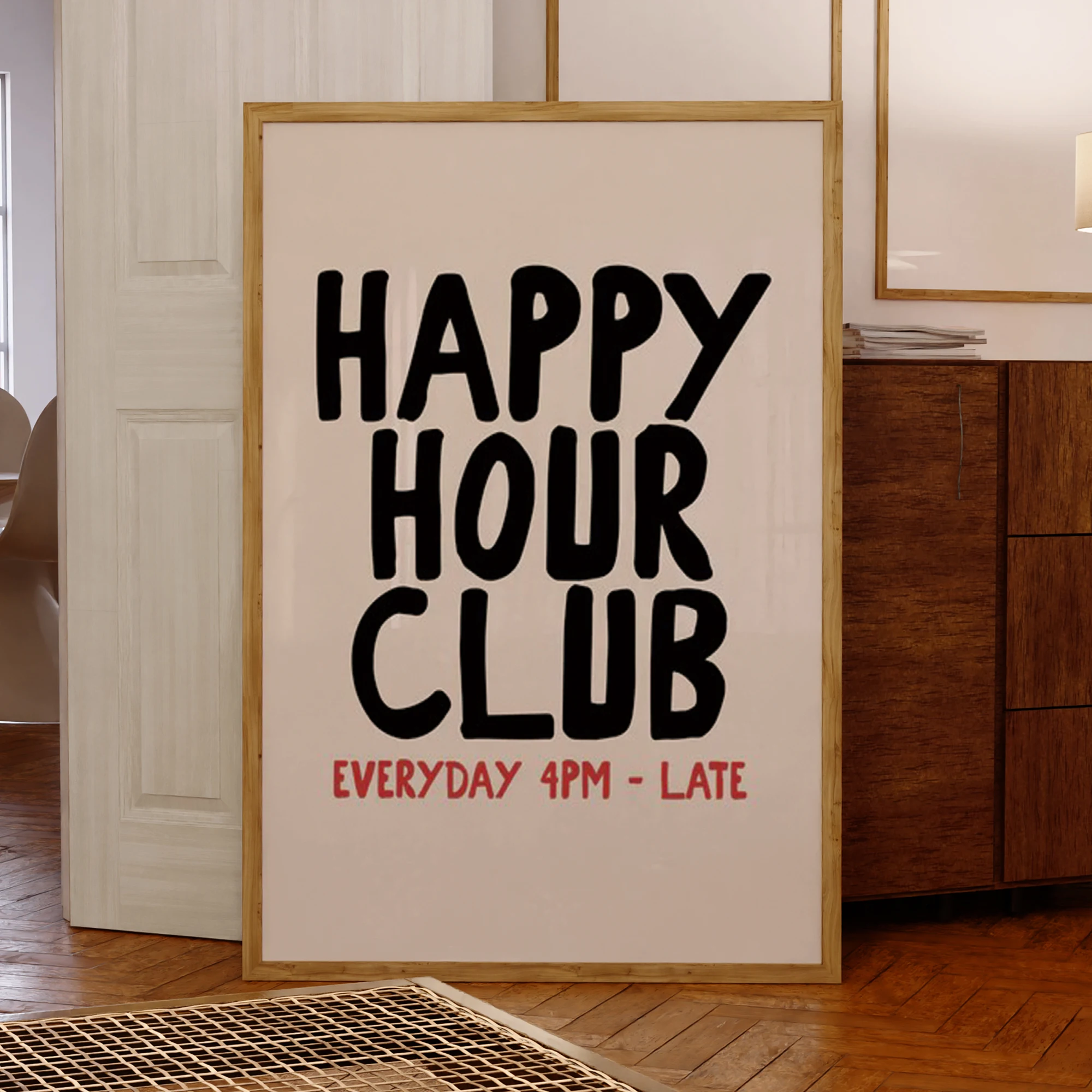 Modern Happy Hour Club Everyday 4pm - Late Quotes Wall Art Prints Canvas Painting Poster Picture For Living Room Home Decor