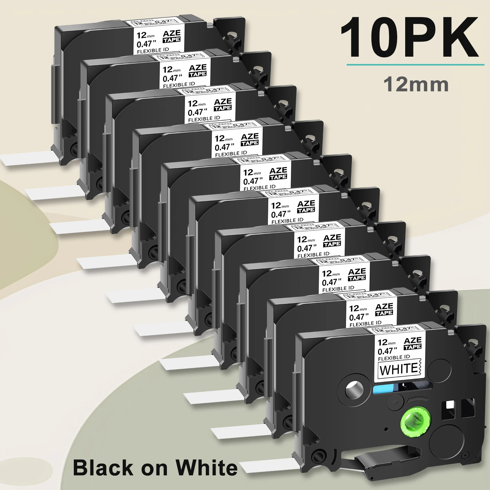 

10PK AZE-FX231 12mm Flexible Laminat Label Tape Compatible for Brother TZe-FX231Black on White for P-Touch PT-1100 Label Printer