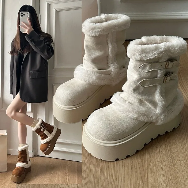

Thick Heels Motorcycle Boots Women High Platform Leather Snow Sneakers Winter Warm Fur Mid-calf Boots Plush Short Punk Boot New
