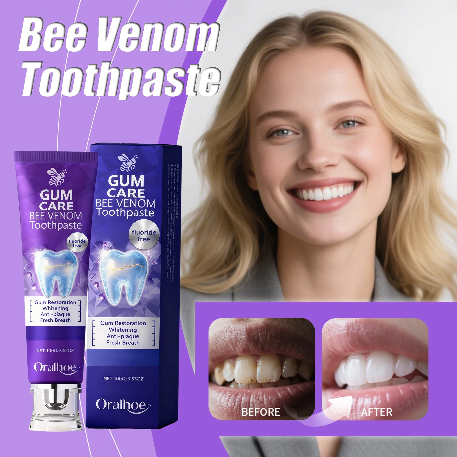 

Bee Venom Toothpaste Dental Care Gel Deep Cleaning Removes Tooth Stains Fresh Breath Protect Oral Health Mint Fresh Toothpaste