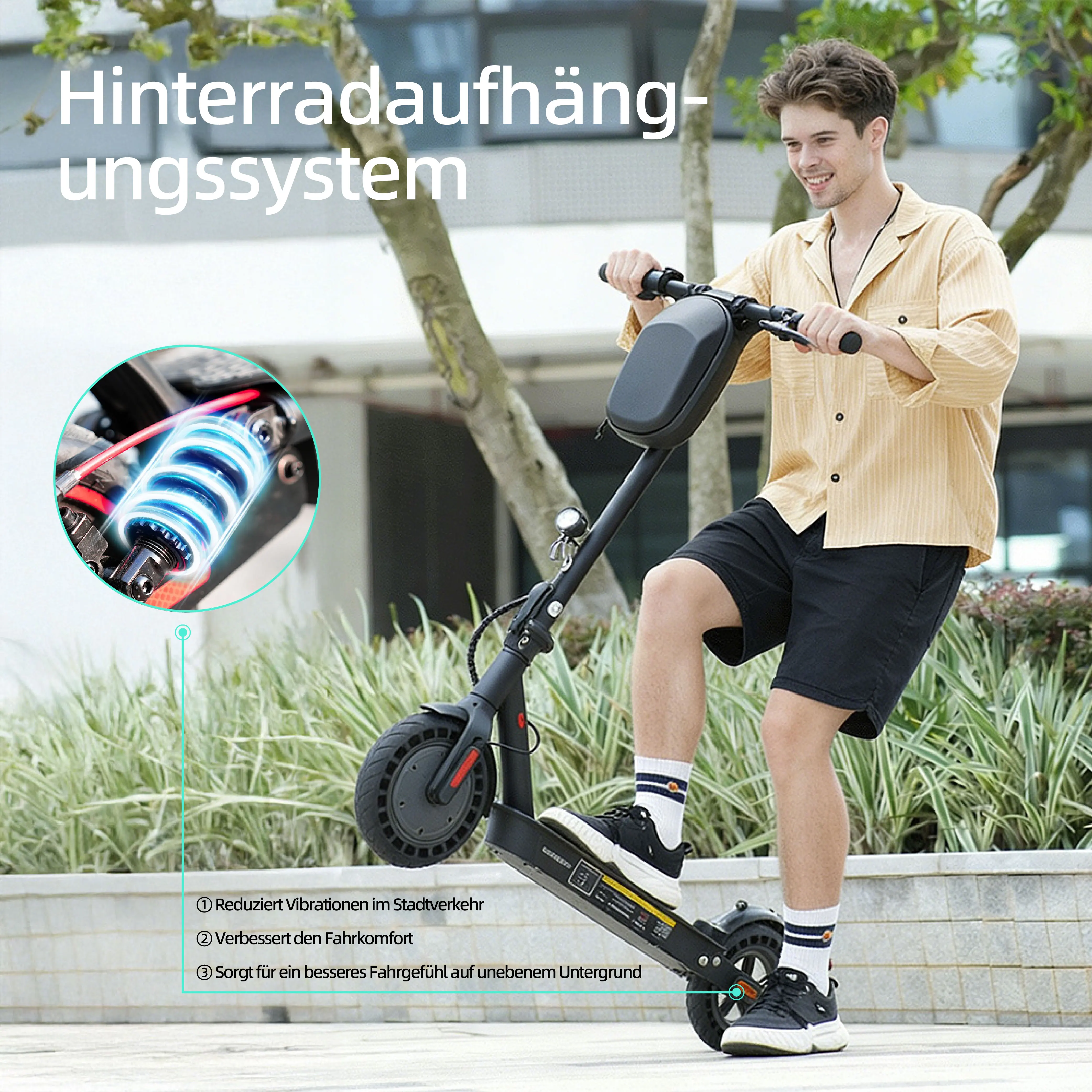 E9TMAX 10-Zoll Elektroroller 500W 36V10Ah 35-40km Reichweite Wabenreifen Hinterradfederung City-Pendler-E-Scooter (ABE) mit App – Detail 8