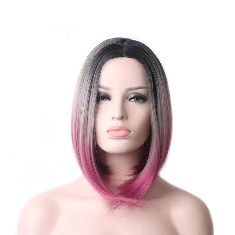 

High-temperature silk dyeing gradient wave head straight hair womenpartial wig headgear chemical fiber short hair