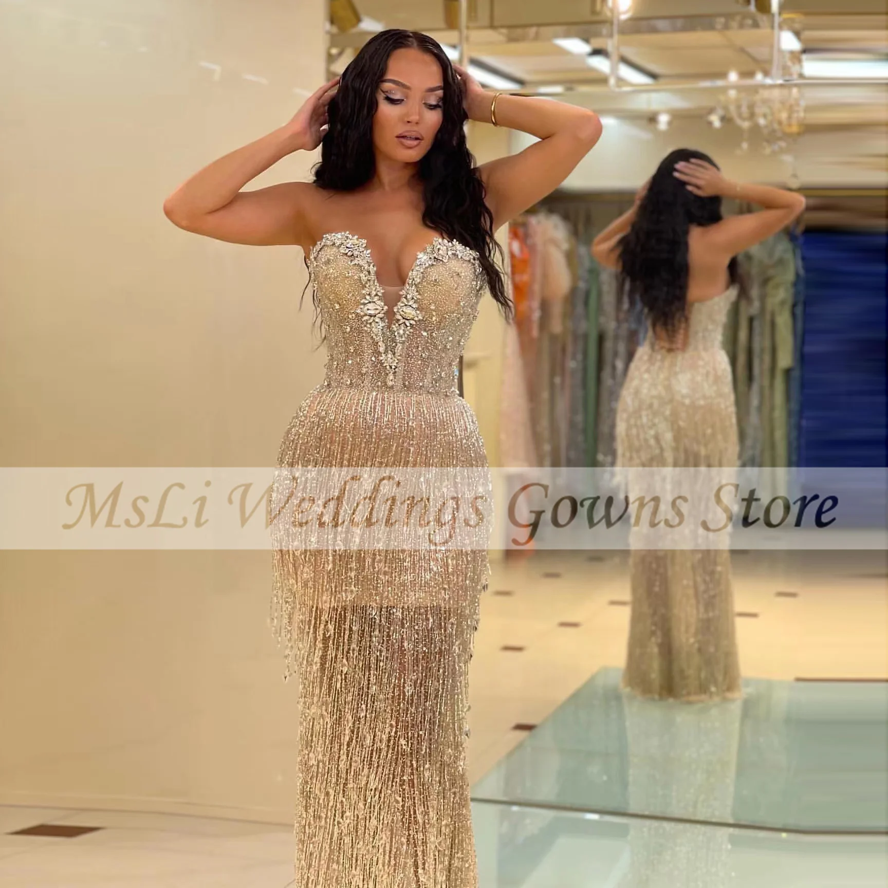 Luxury Aso Ebi Mermaid Prom Dresses Appliques Sequined Tassel Beads Celebrity Party Sexy Evening Gowns robe de soirée