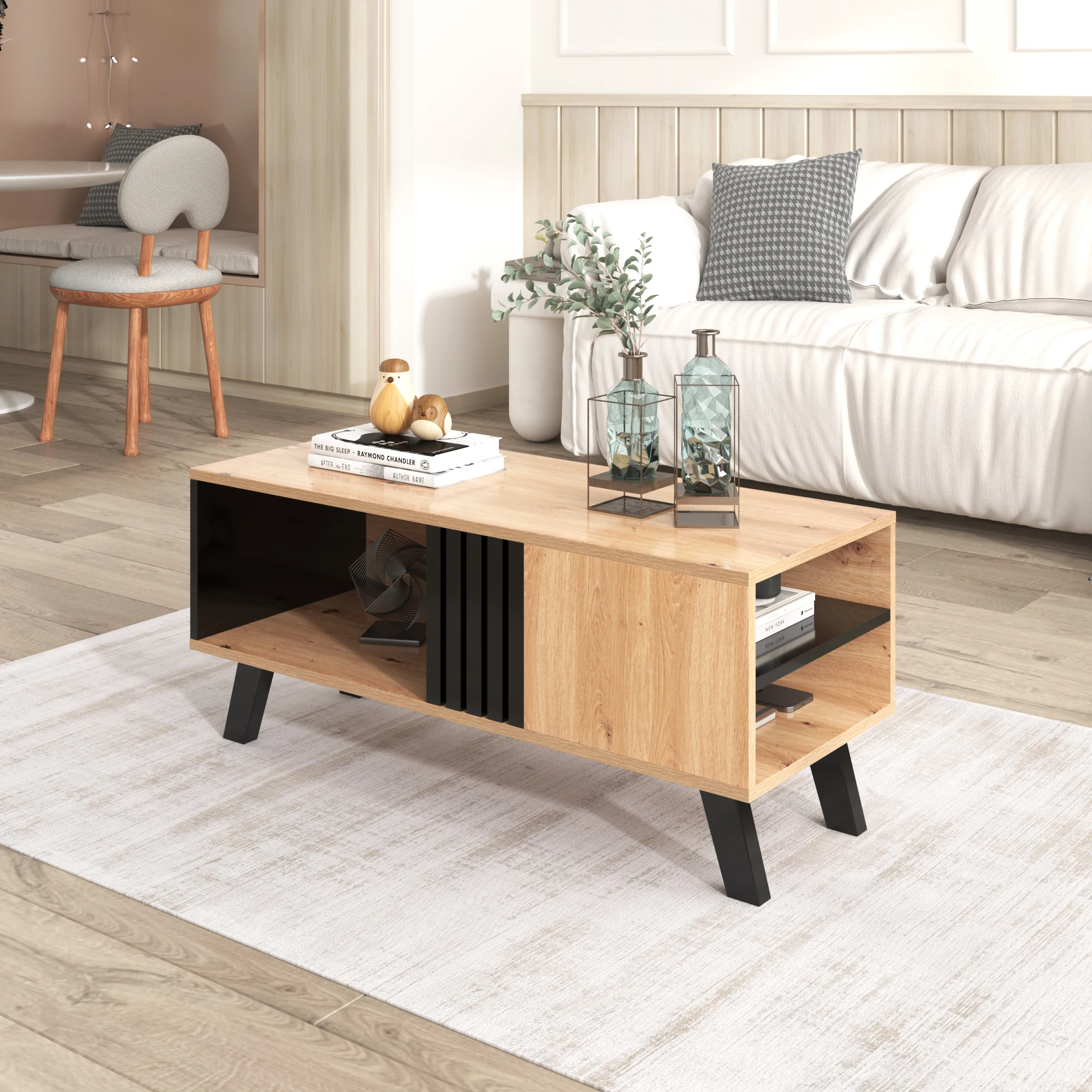 Stylish coffee table 100x60x53 cm, Colored wood look and black living room table with drawers, Versatile storage Unique Design