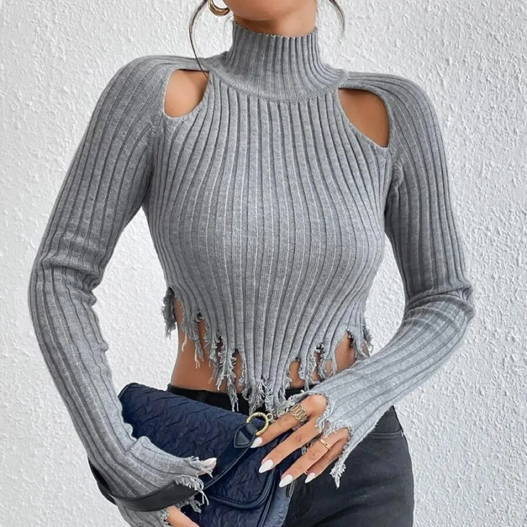 

Women's High Collar Knitted Sweater Long Sleeve Hollow Short Design European American Style Fashion Top
