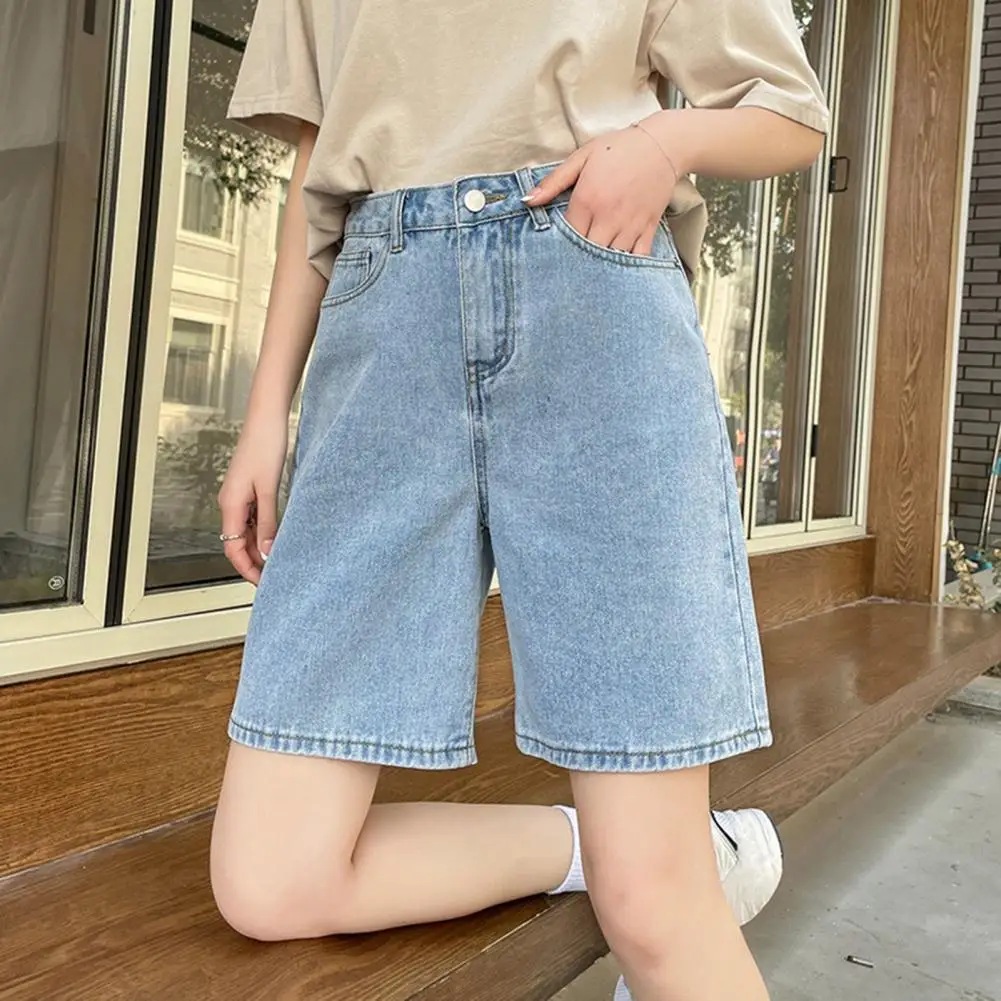 Women Knee Length Jeans A-line Adjustable Buttoned Waist Zipper Closure Pockets Vintage Lady Denim Shorts Casual Short Pants