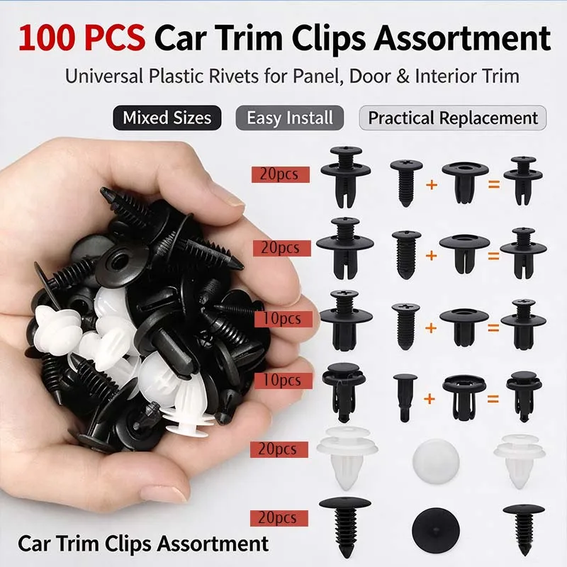 100pcs Auto Fastener Clip Mixed Car Body Push Retainer Pin Rivet Bumper Door Trim Panel Fastener Kit Car Clips Box/Bag Packaging