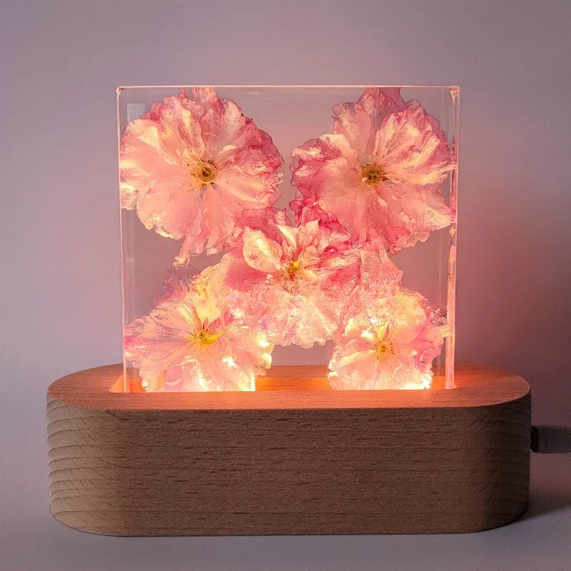 Square Pink Cherry Blossom Night Light Epoxy Resin Christmas Valentine's Day Gift Atmosphere Warm Home