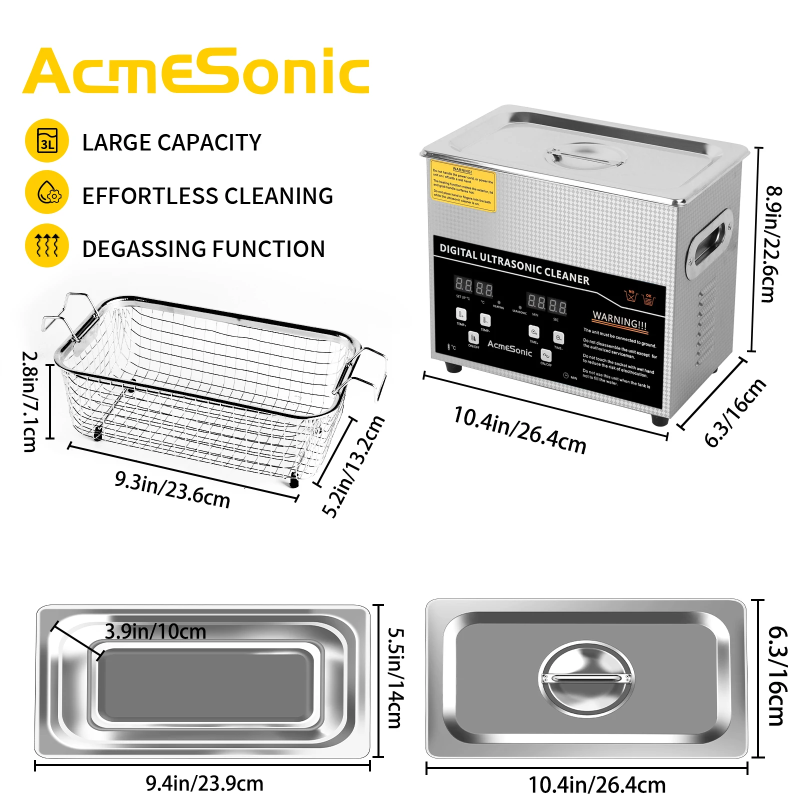 Pulitore ad ultrasuoni digitale ACMESONIC 3L 40kHz con timer SUS 304 in acciaio inossidabile per strumenti per uso in laboratorio di gioielli