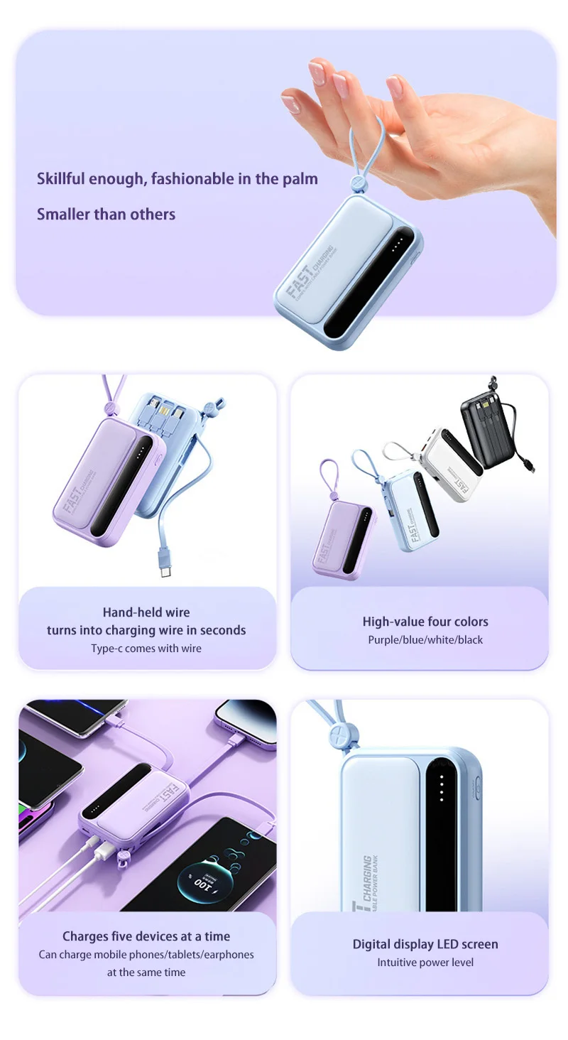Xiaomi المدمج في الكابلات قوة البنك 4 In1 50000mAh سعة كبيرة ذكي شاشة ديجيتال ضوء بطارية محمولة لسامسونج