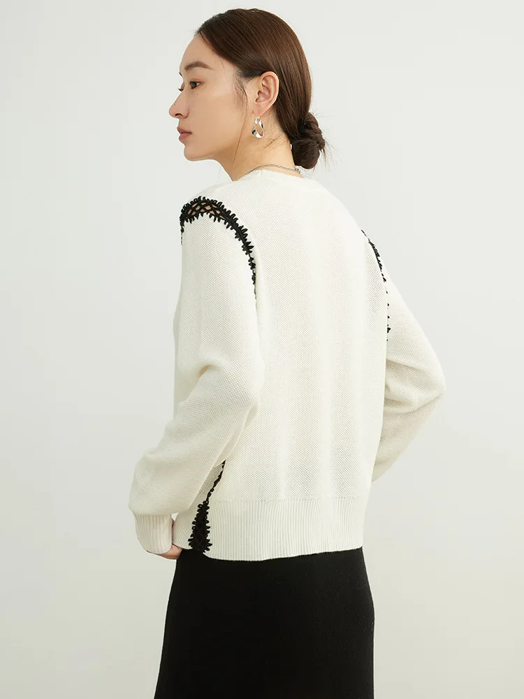 SuyaDream, Women Wool Pullovers, 32.4%Sheep Wool, Crochet lace, White Sweaters, 2024 Fall Winter Chic Top, Black