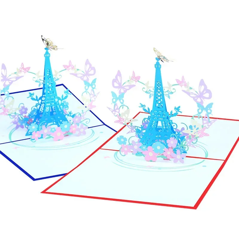 1 pop-up color printed Eiffel Tower and butterfly 3D greeting card personalized gift birthday gift blessing information card