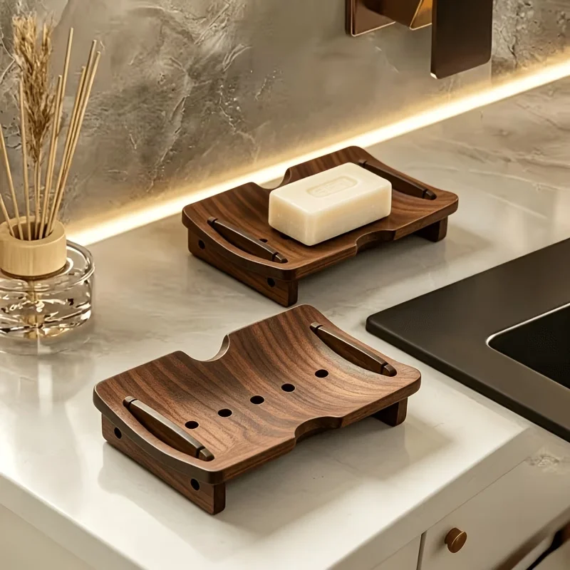 Japanese Walnut Wood Soap Dishes Drain Soap Holder, Bedroom Soap Storage Tray for Washstand, Kitchen, Living Room Accessories