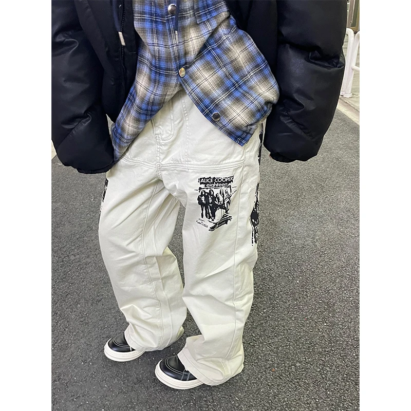

American Retro Hip Hop Printed Work Pants Men's High Street Cool Loose Straight Street Casual Wide Leg Long Trousers Trendy