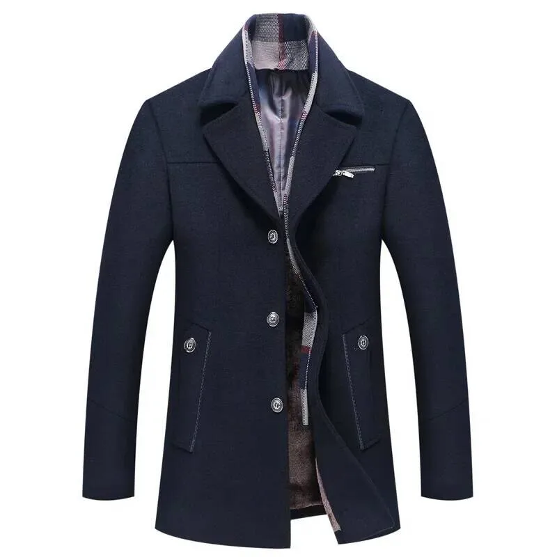 

New Men Business Casual Woolen Cashmere Trench Coats Winter Long Jackets Man Fleece Warm Overcoats Wool Blends Size 4XL
