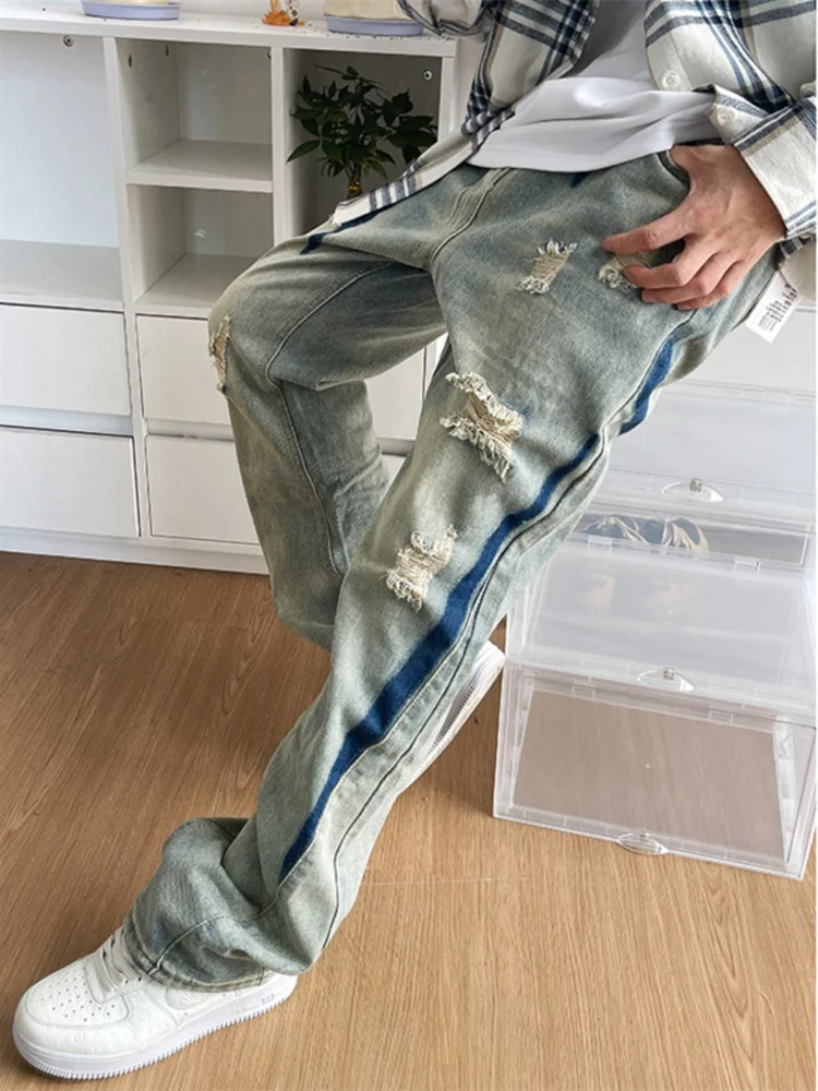 

Blue Men's Denim Jeans High Street American Sle Fall Faion Hole Design Straight Leg Long Trousers Slimming Effect