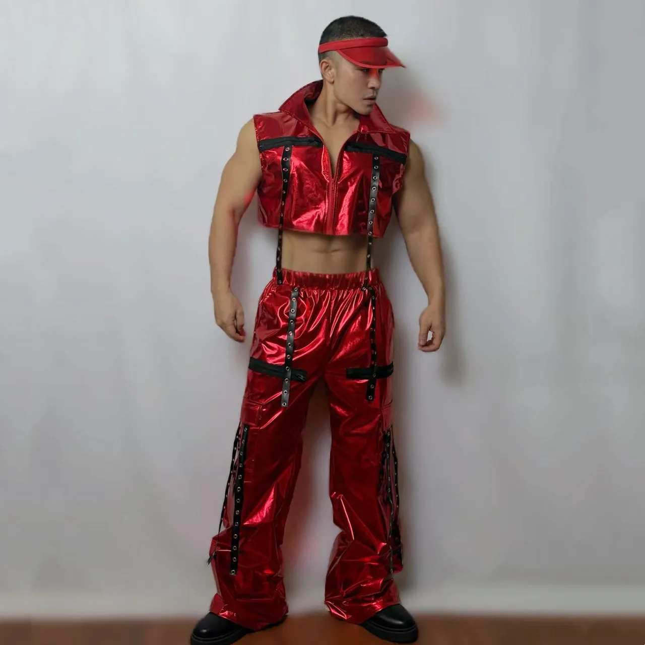 Męski Zestaw Kostiumowy Hip-hop Punk Srebrno-Czerwony Laserowy Bandaż Kamizelka Spodnie 2-częściowy Strój Klubowy Gogo Dancer Seksowny Strój Sceniczny