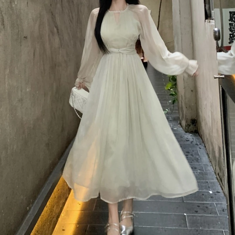 

24Plus Size Gentle French Sweet Long Sleeve Dress for ChubbymmWaist-Cinching Slimming Design Sense Elegant Fairy Long Dress